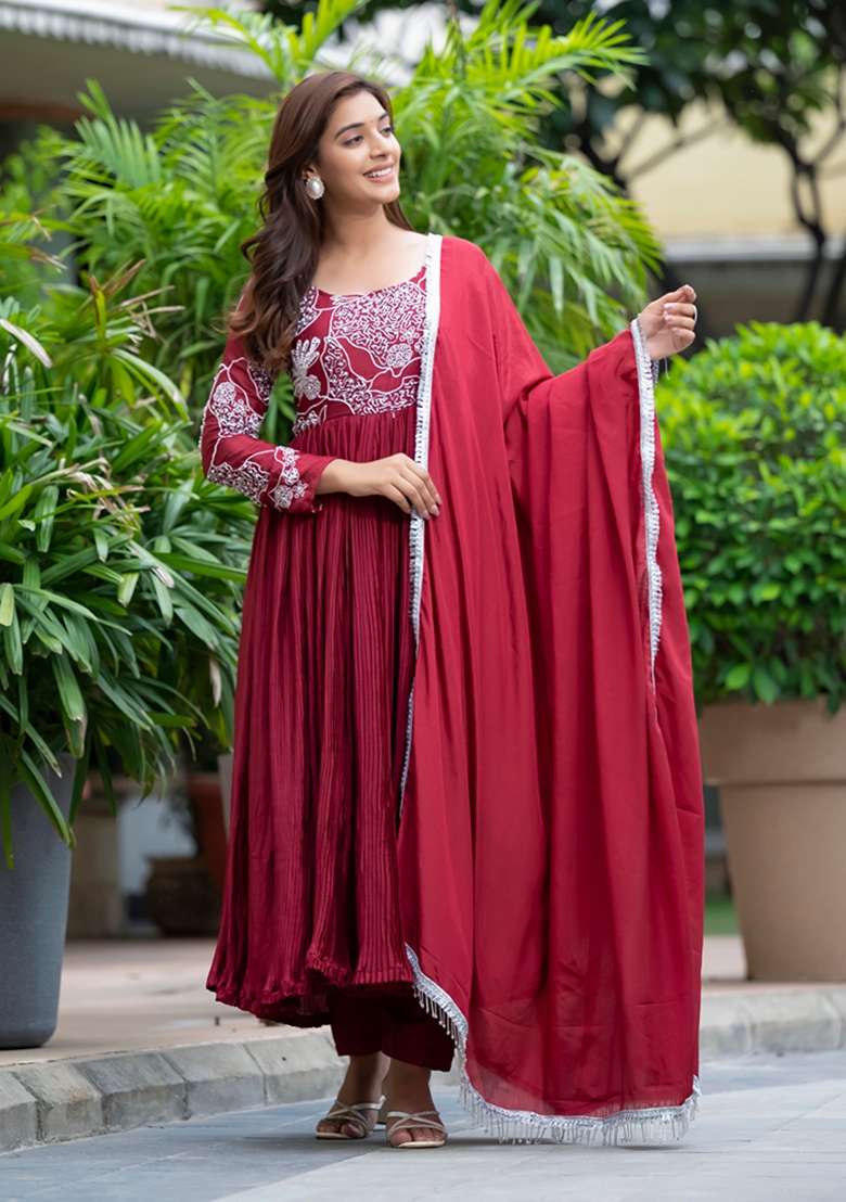 Maroon Sequin Embroidered Chinon Silk Salwar Kameez - Indya