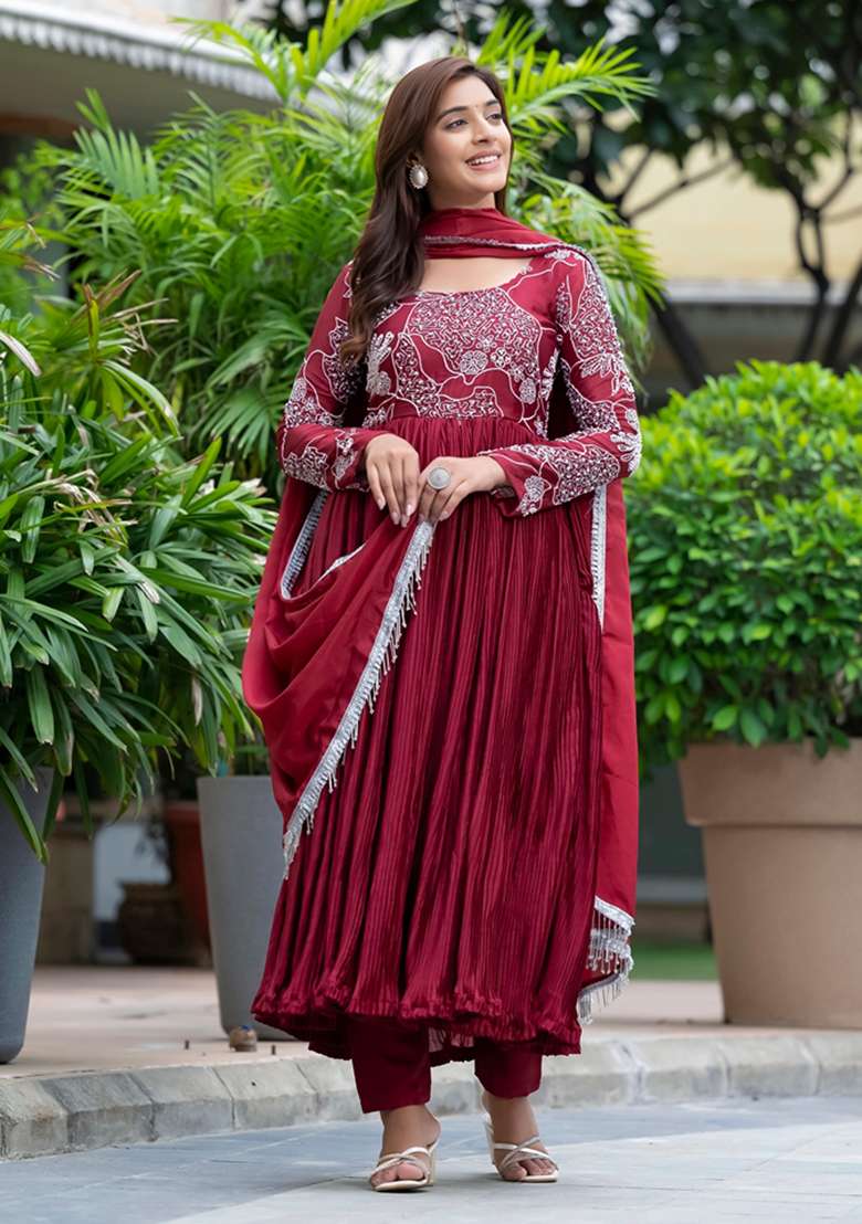 Maroon Sequin Embroidered Chinon Silk Salwar Kameez - Indya