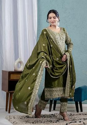 Mehendi Green Sequin Embroidered Chinon Silk Salwar Kameez