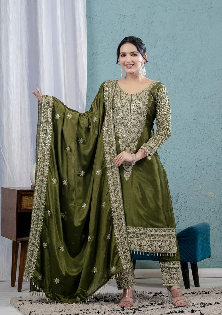 Mehendi Green Sequin Embroidered Chinon Silk Salwar Kameez