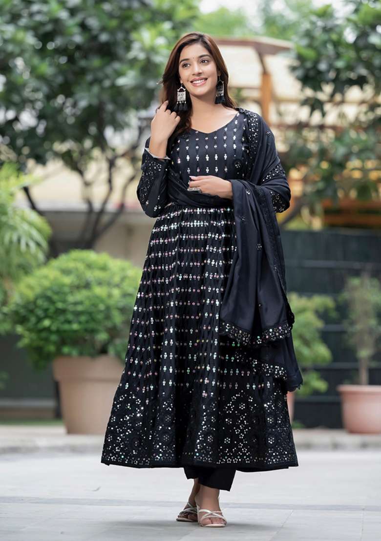 Black Sequin Embroidered Chinon Silk Salwar Kameez - Indya