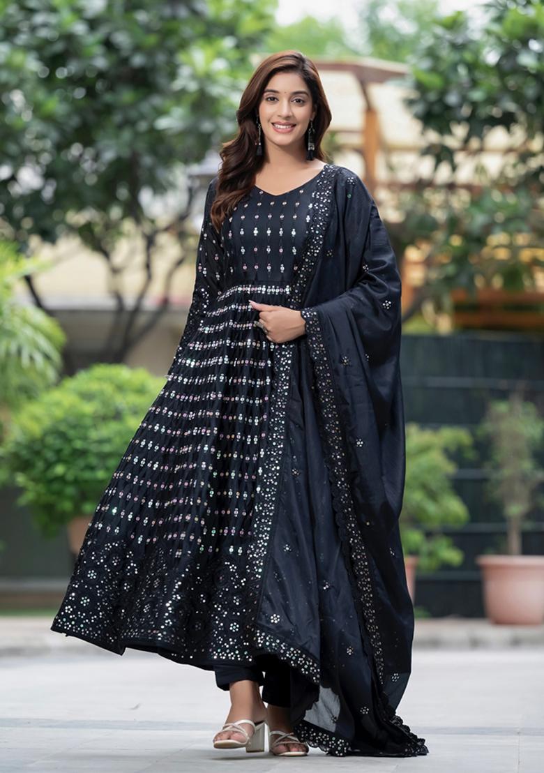 Black Sequin Embroidered Chinon Silk Salwar Kameez