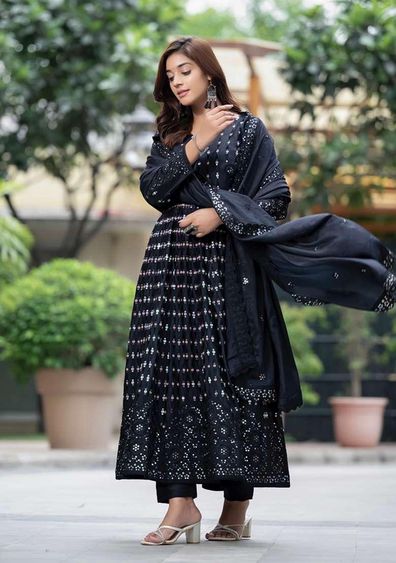 Black Sequin Embroidered Chinon Silk Salwar Kameez - Indya