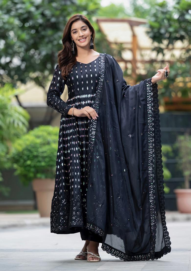 Black Sequin Embroidered Chinon Silk Salwar Kameez