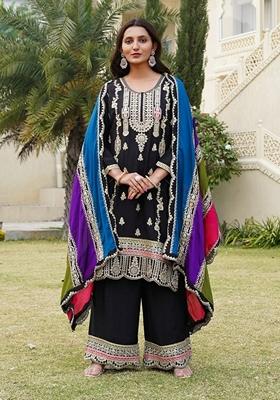 Black Sequin Embroidered Chinon Silk Salwar Kameez