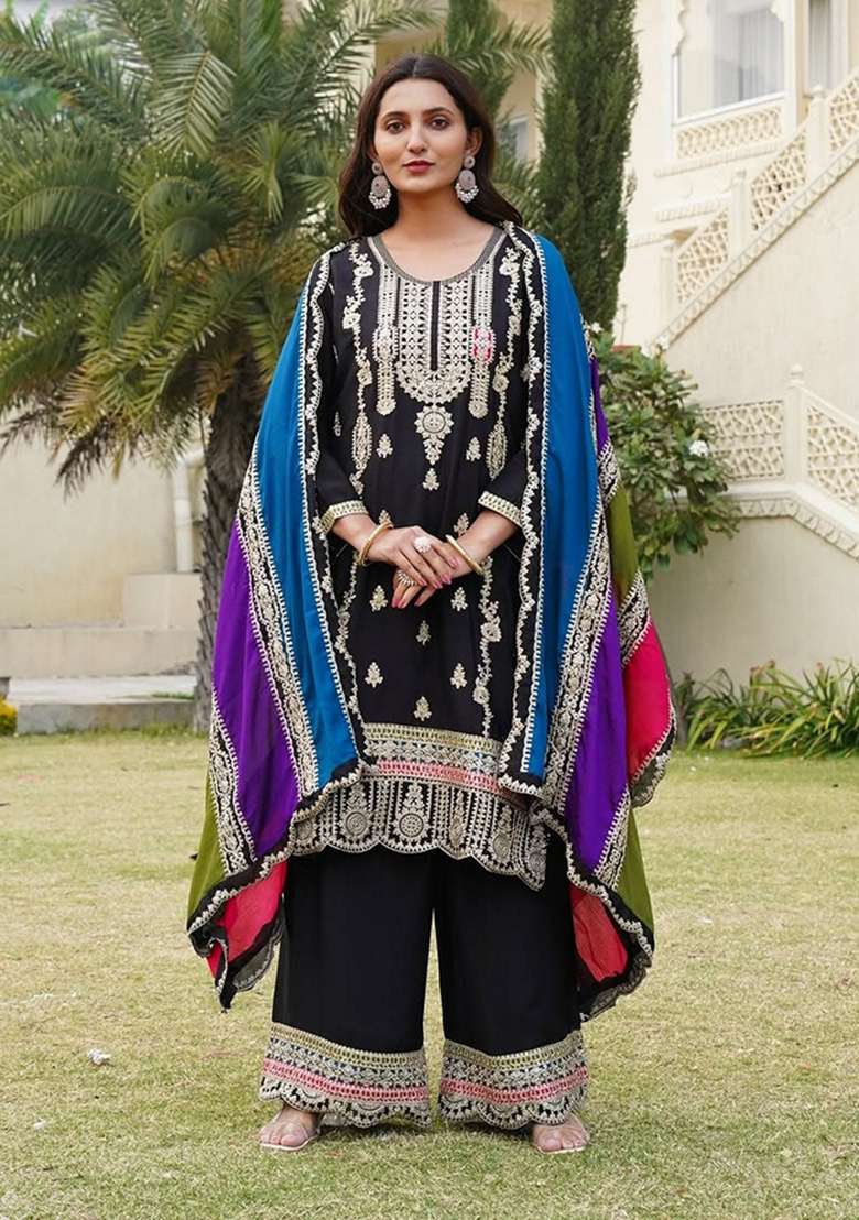 Black Sequin Embroidered Chinon Silk Salwar Kameez - Indya