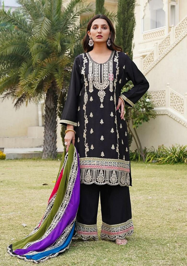 Black Sequin Embroidered Chinon Silk Salwar Kameez