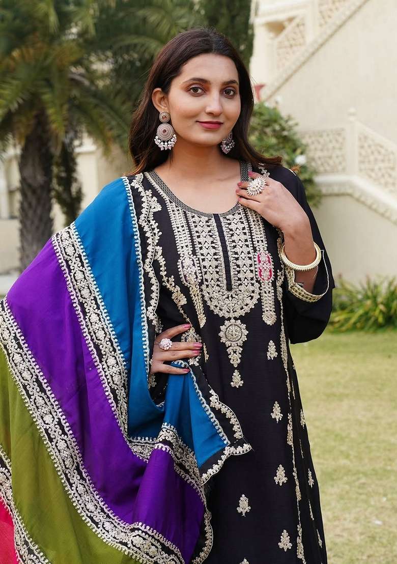 Black Sequin Embroidered Chinon Silk Salwar Kameez - Indya