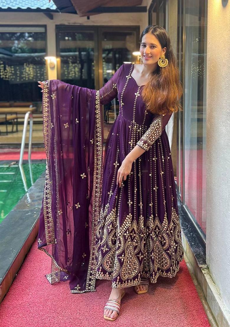 Purple Sequin Embroidered Georgette Salwar Kameez