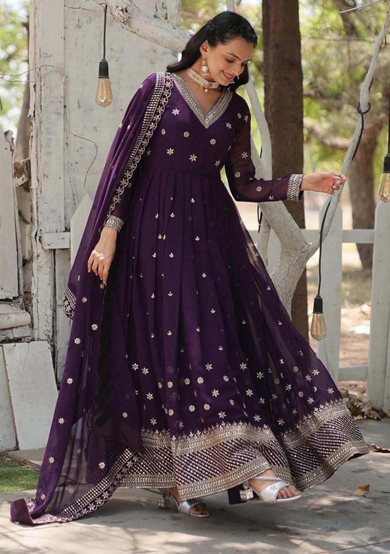 Purple Sequin Embroidered Georgette Salwar Kameez