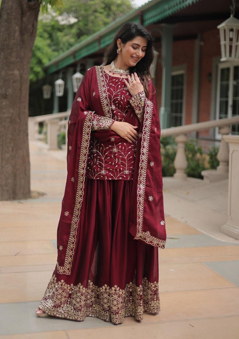 Maroon Sequin Embroidered Georgette Salwar Kameez