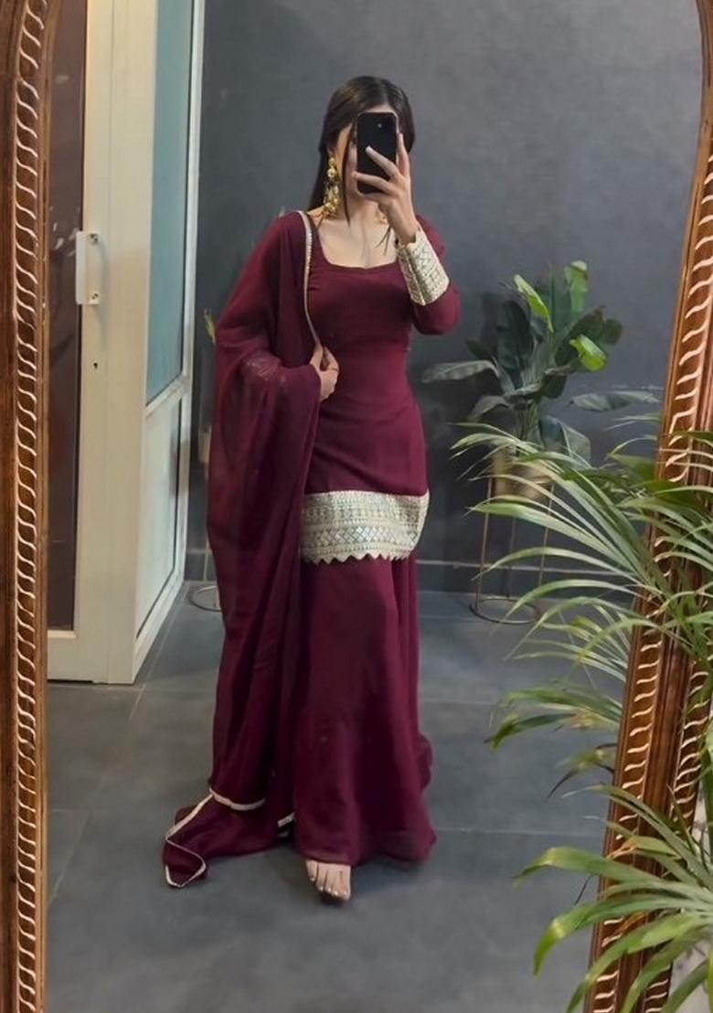 Maroon Sequin Embroidered Georgette Salwar Kameez