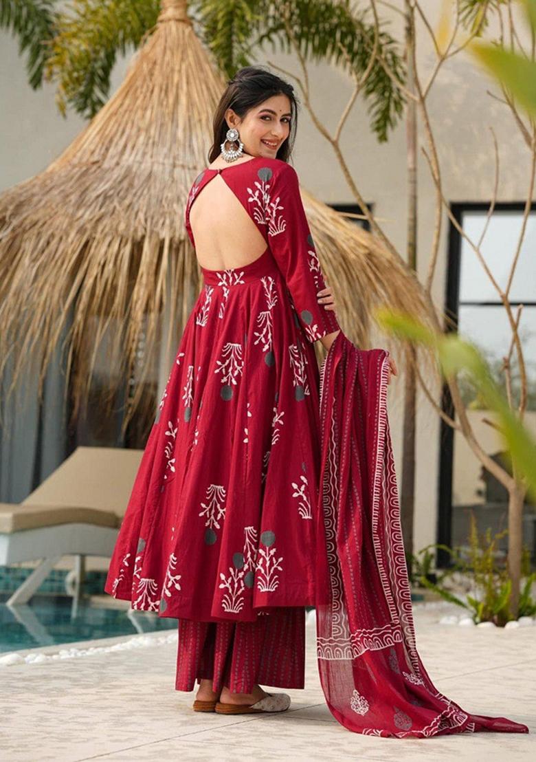 Maroon Digital Print Silk Anarkali Set