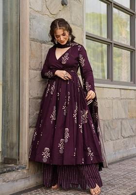 Wine Digital Print Silk Salwar Kameez