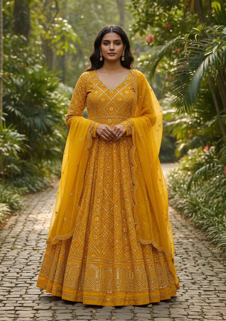 Yellow Embroidered Georgette Anarkali Set - Indya