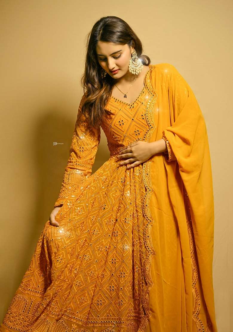Yellow Embroidered Georgette Anarkali Set - Indya