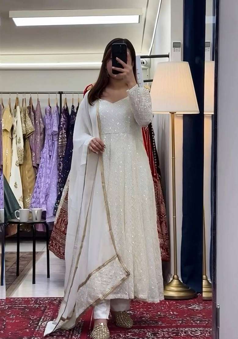 White Chikankari Georgette Anarkali Set - Indya
