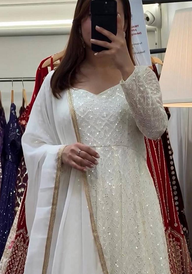 White Sequin Embroidered Georgette Salwar Kameez