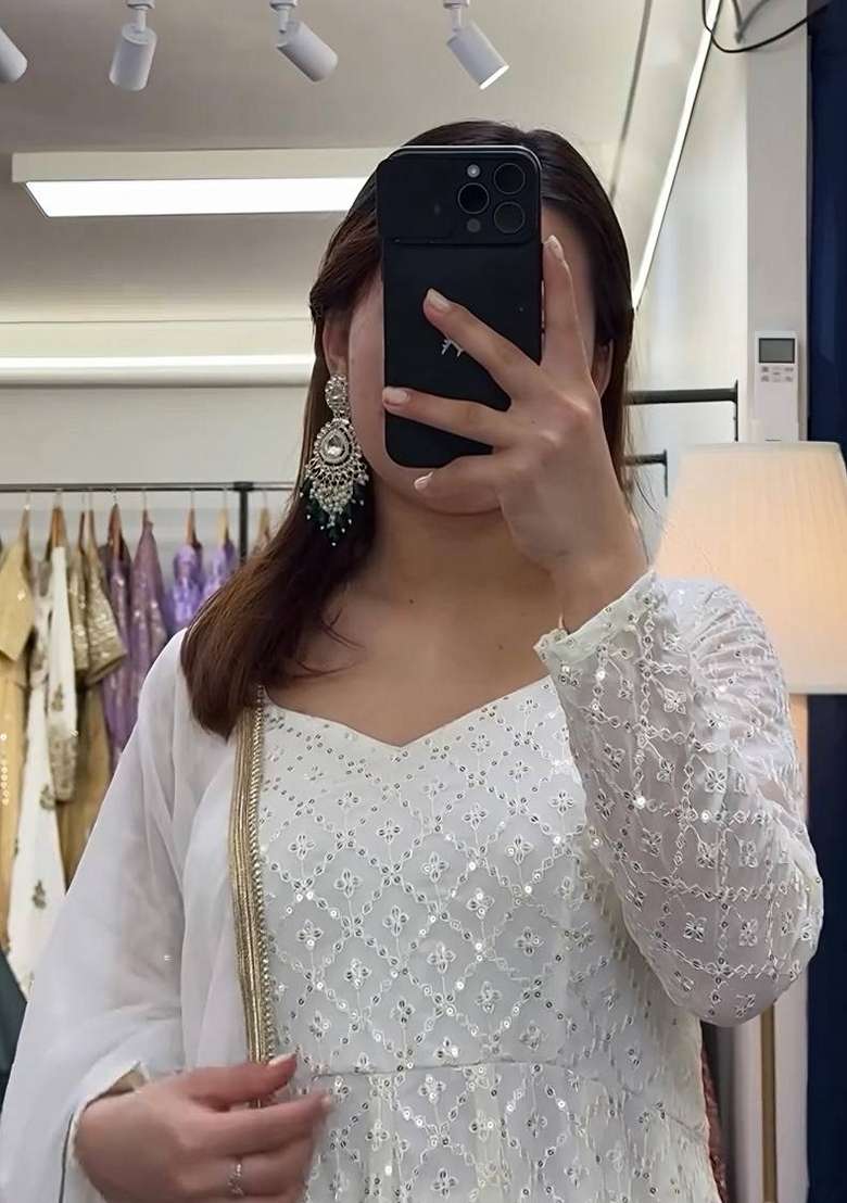 White Chikankari Georgette Anarkali Set - Indya