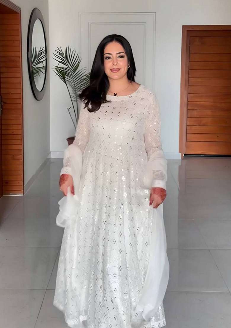 White Embroidered Georgette Anarkali Set - Indya