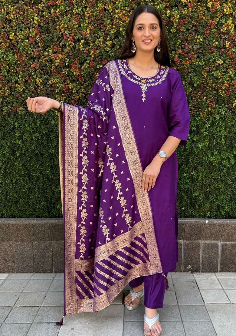 Purple Hand Embroidered Silk Salwar Kameez - Indya