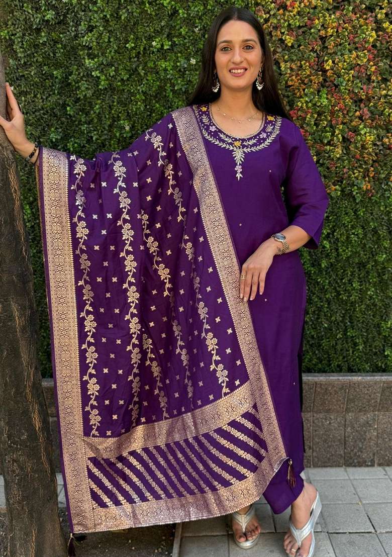 Purple Hand Embroidered Silk Salwar Kameez - Indya