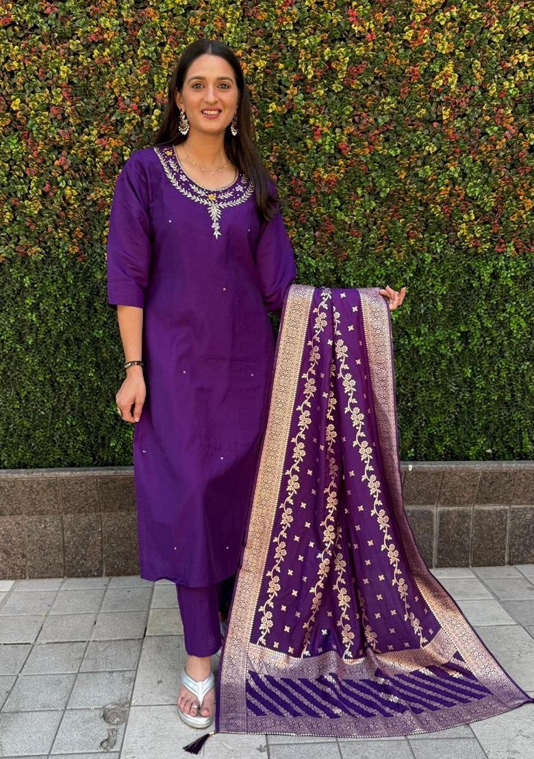Purple Hand Embroidered Silk Salwar Kameez