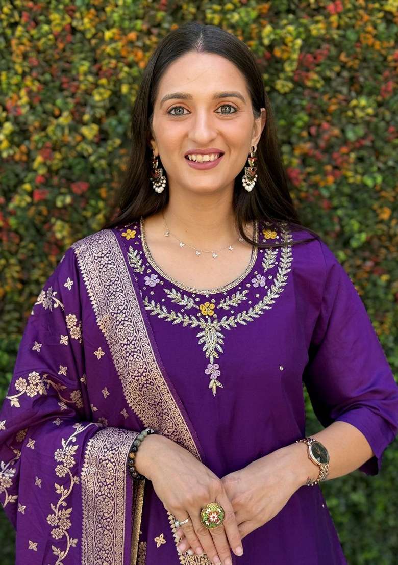 Purple Hand Embroidered Silk Salwar Kameez - Indya