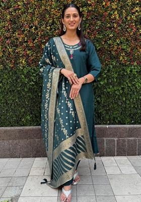 Teal Blue Hand Embroidered Silk Salwar Kameez