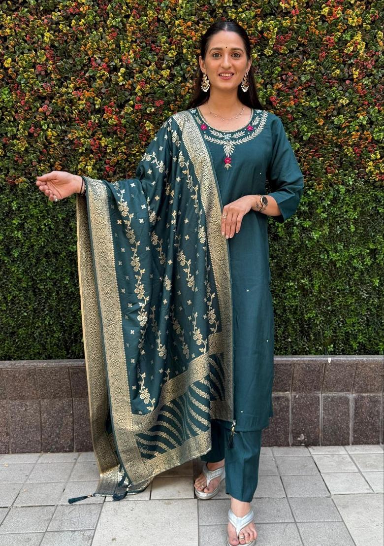 Teal Blue Hand Embroidered Silk Salwar Kameez