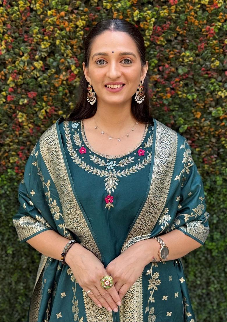 Teal Blue Hand Embroidered Silk Salwar Kameez