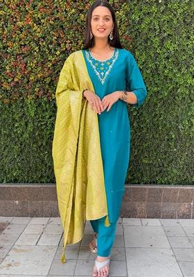 Firozi Blue Hand Embroidered Silk Salwar Kameez