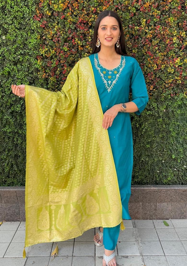 Firozi Blue Hand Embroidered Silk Salwar Kameez