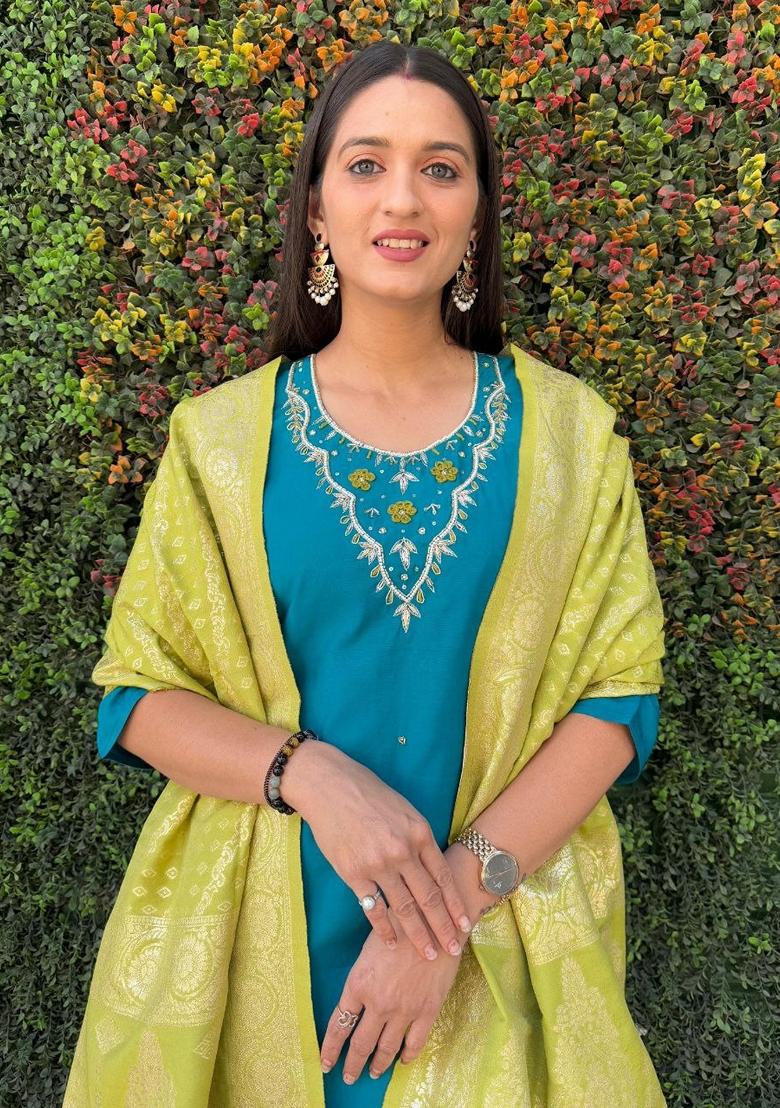 Firozi Blue Hand Embroidered Silk Salwar Kameez