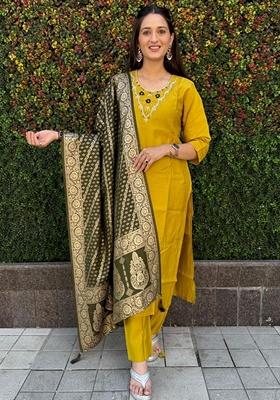 Mustard Yellow Hand Embroidered Silk Salwar Kameez