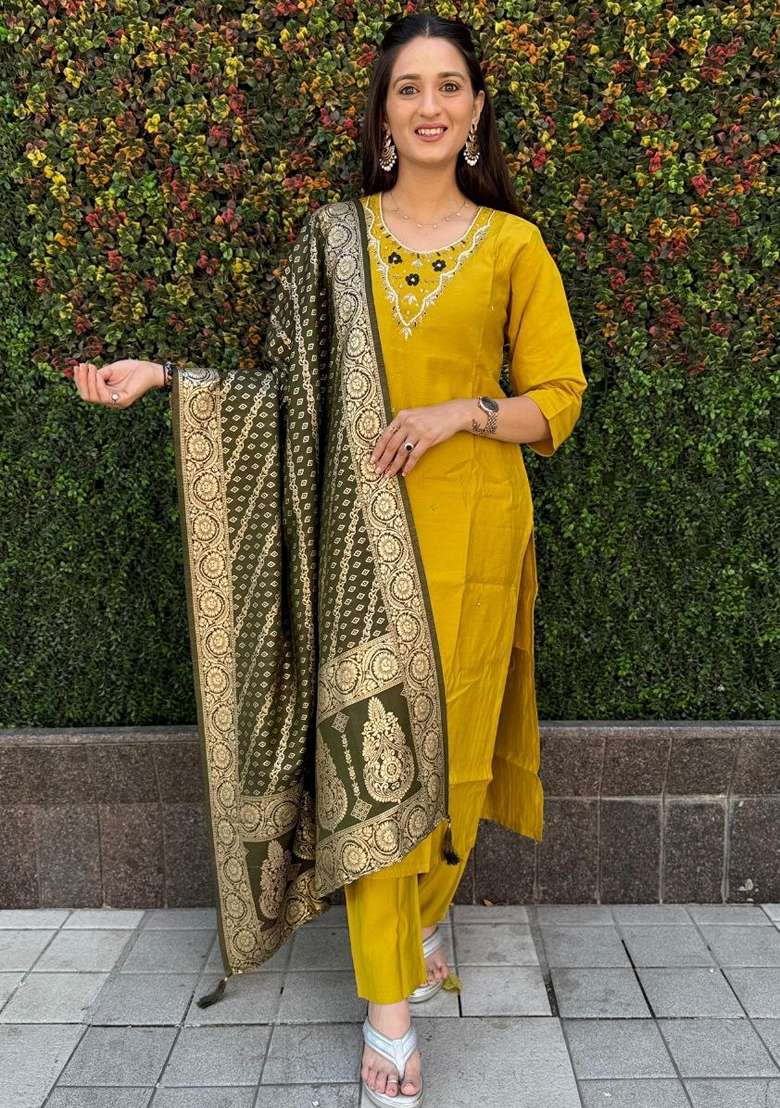 Mustard Yellow Hand Embroidered Silk Salwar Kameez - Indya