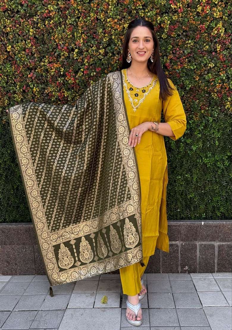Mustard Yellow Hand Embroidered Silk Salwar Kameez - Indya