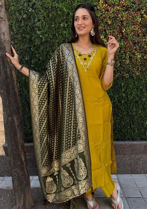 Fancy Crushed Fabric Yellow Embroidered Salwar Kameez