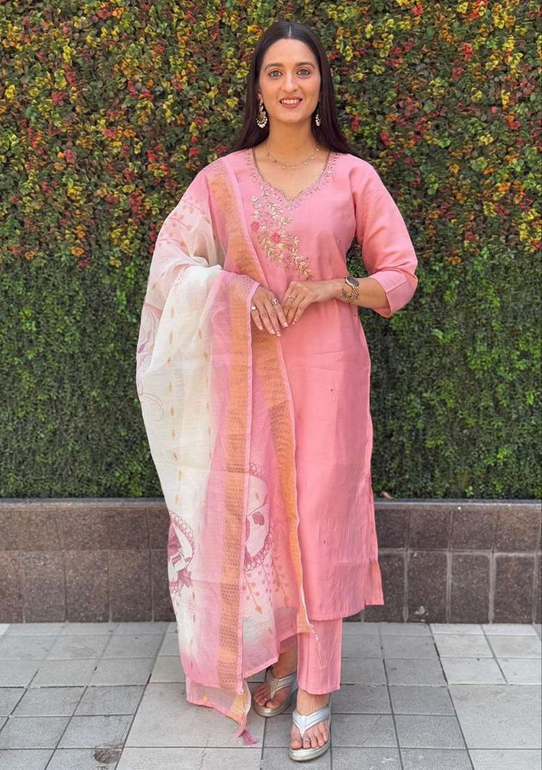 Pink Hand Embroidered Silk Salwar Kameez - Indya
