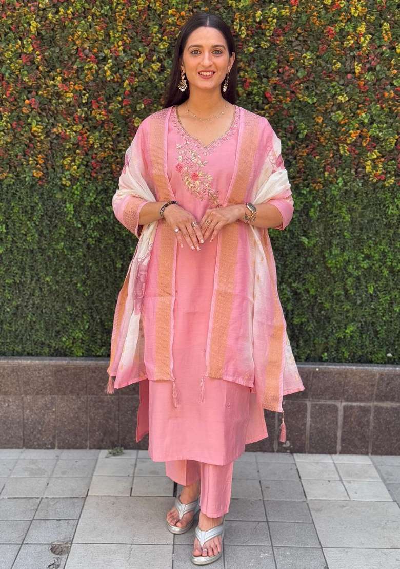 Pink Hand Embroidered Silk Salwar Kameez - Indya
