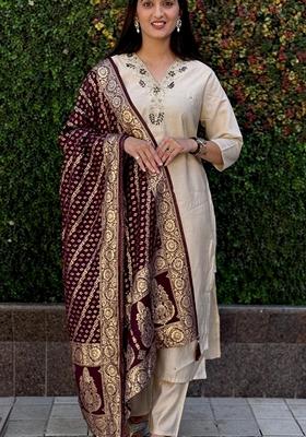 White Hand Embroidered Silk Salwar Kameez