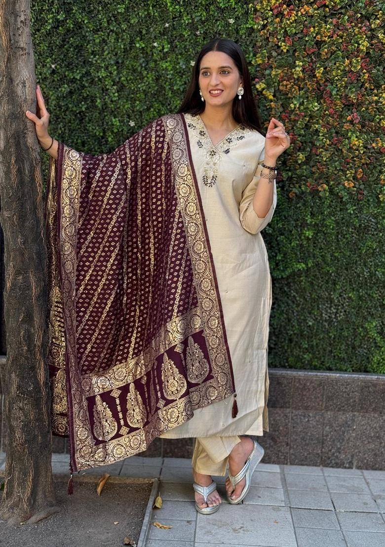 White Hand Embroidered Silk Salwar Kameez