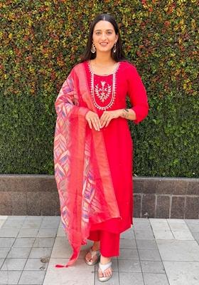 Red Hand Embroidered Silk Salwar Kameez
