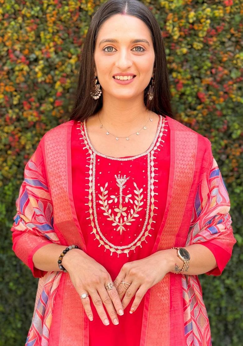 Red Hand Embroidered Silk Salwar Kameez