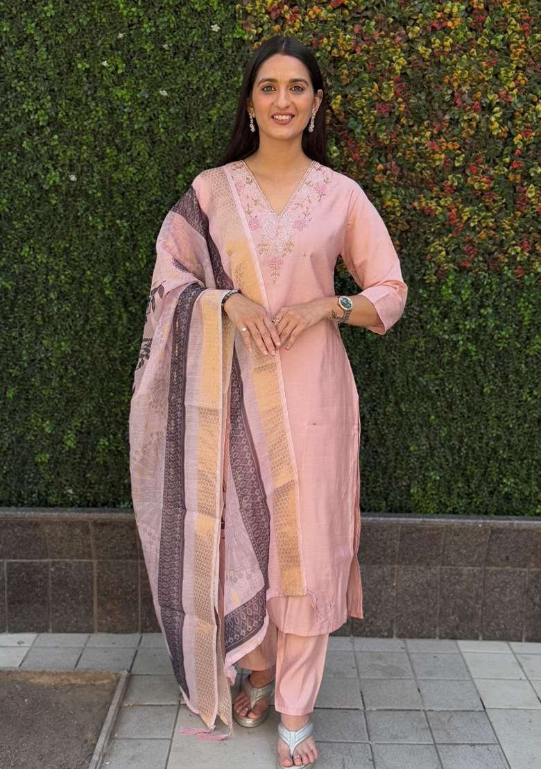 Light Pink Hand Embroidered Silk Salwar Kameez - Indya