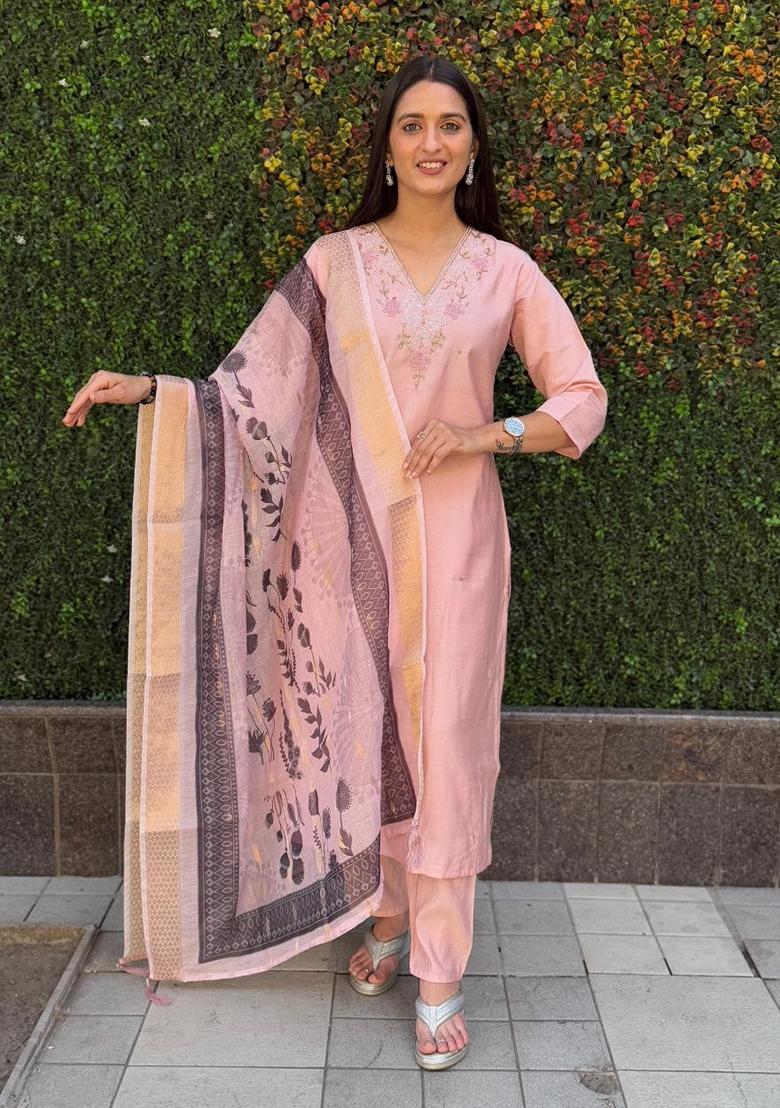 Light Pink Hand Embroidered Silk Salwar Kameez