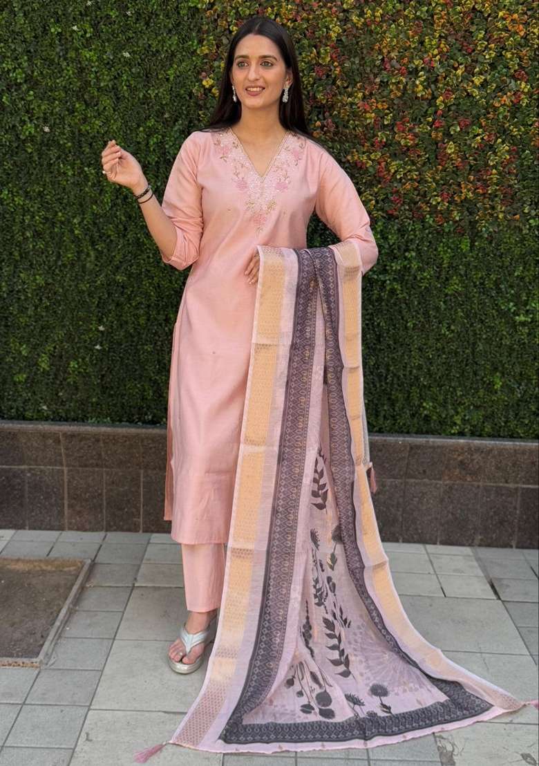 Light Pink Hand Embroidered Silk Salwar Kameez - Indya