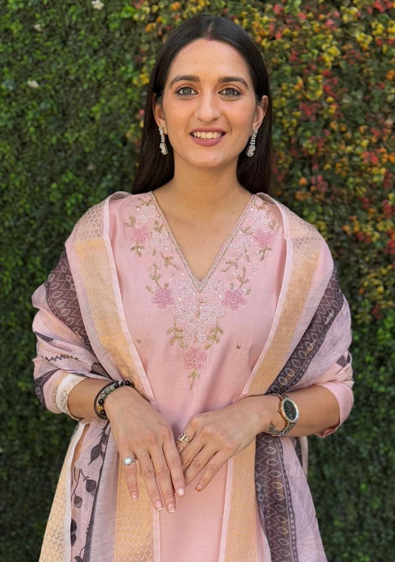 Light Pink Hand Embroidered Silk Salwar Kameez