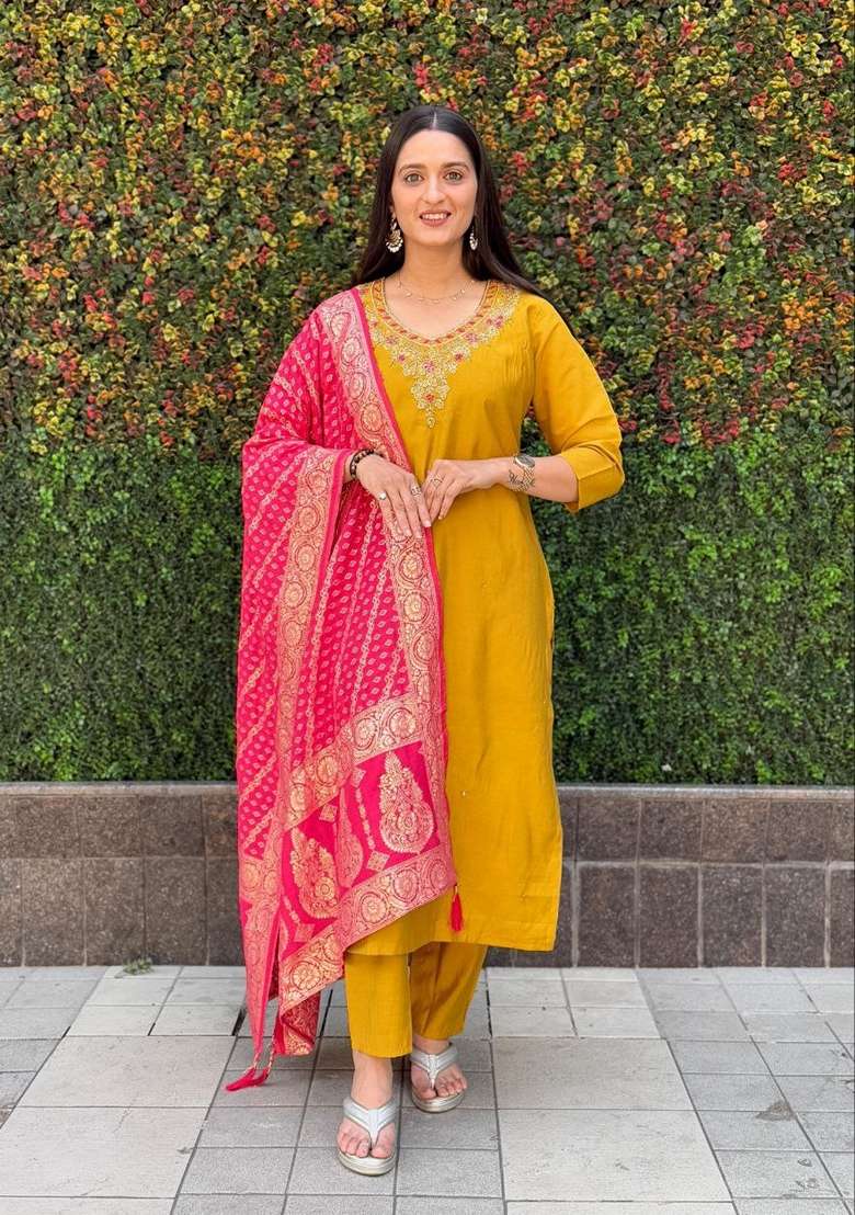 Mustard Yellow Hand Embroidered Silk Salwar Kameez - Indya