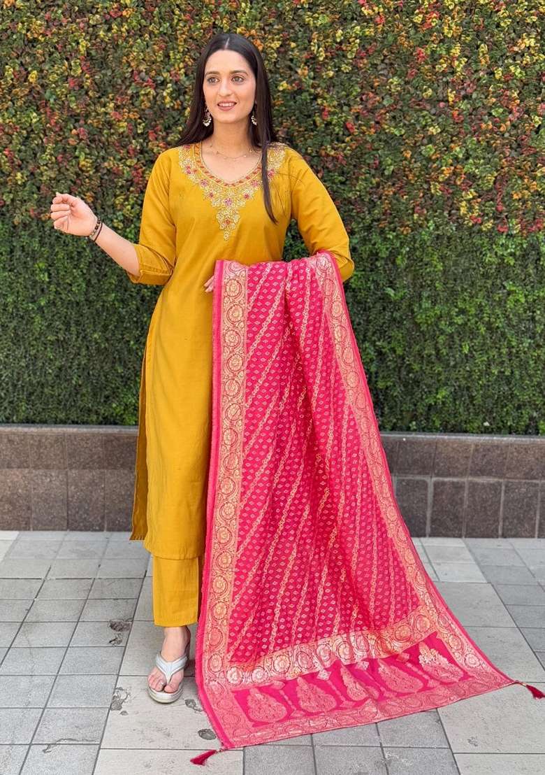 Mustard Yellow Hand Embroidered Silk Salwar Kameez - Indya